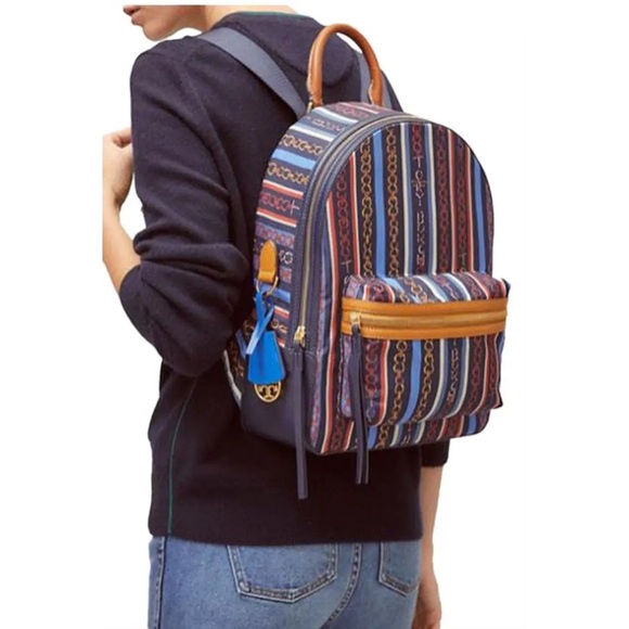 Tory Burch Perry Nylon Printed Zip Backpack in the Gemini Multi Stripe - Picture 3 of 11